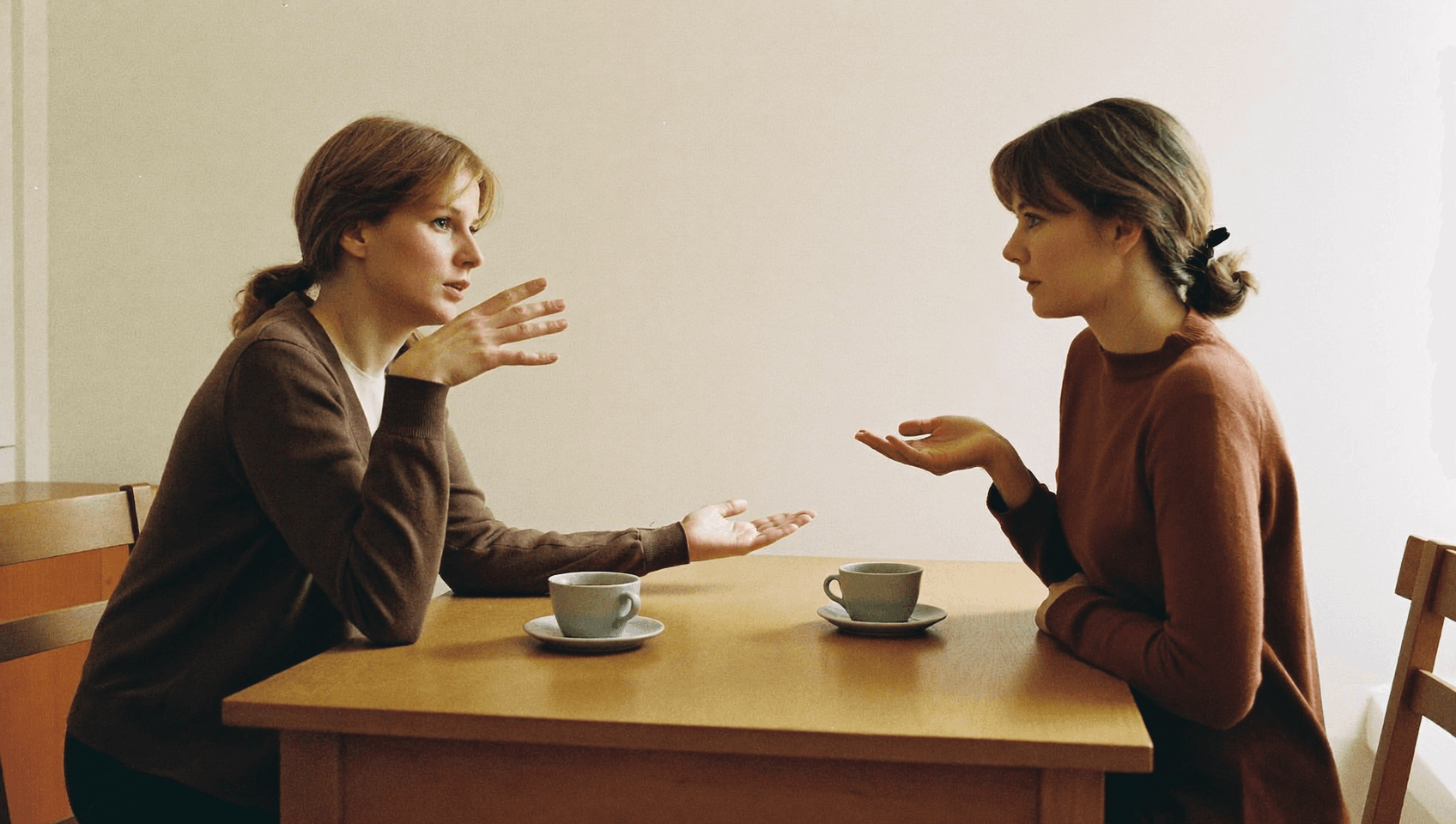 Two people facing each other across a table, one explaining with open hands, cups beside them.